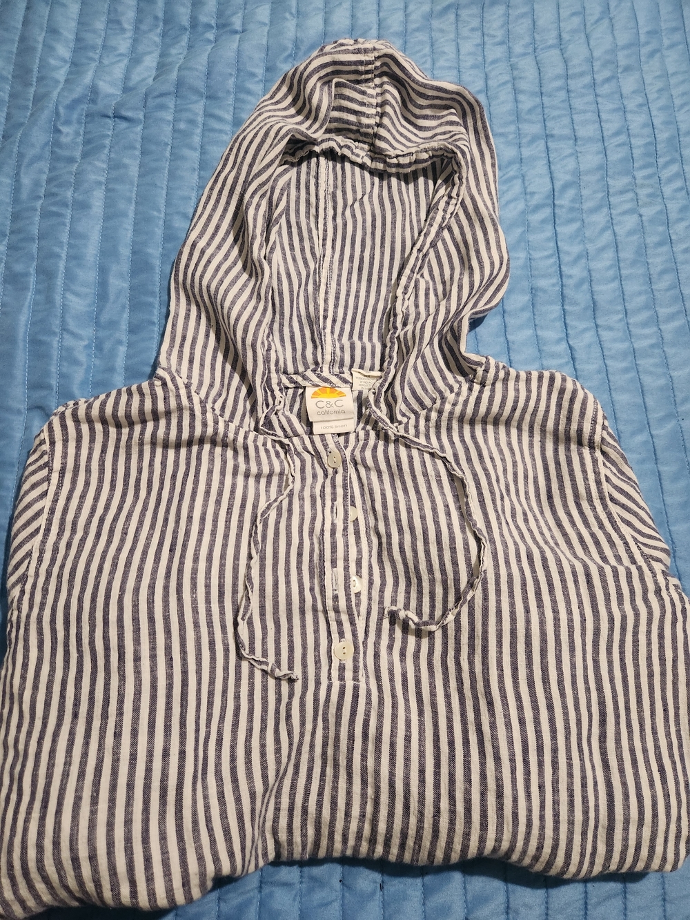 C&C 100% Linen Striped Hooded Button Pullover - Navy & White